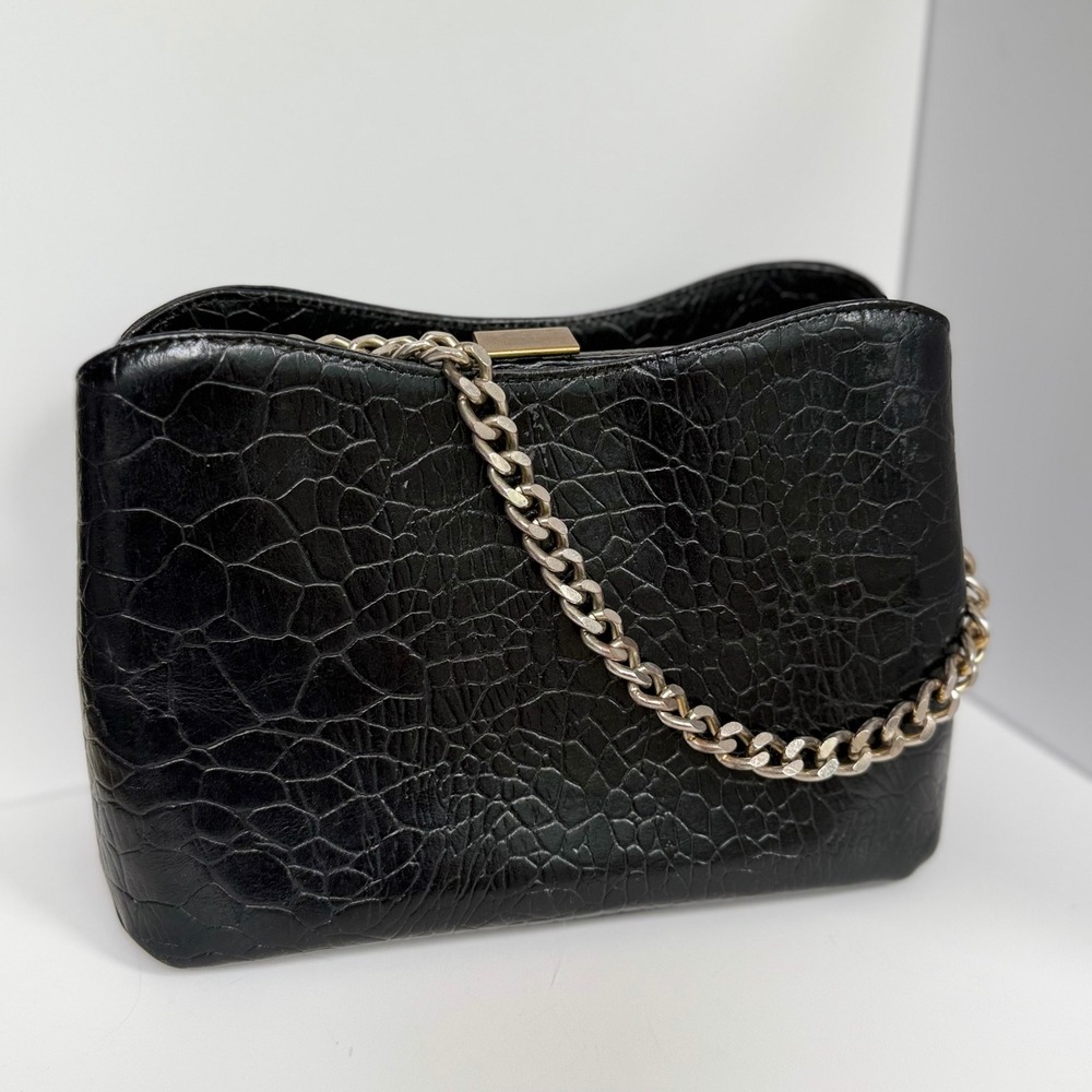 Calderon Handbag Women Small Black Croc Embossed Leather Vintage Chain Strap MCM